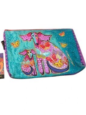 Laurel Burch Dog Tales Cosmetic Bag Bold Colors Teal Rainbow Canvas Art New